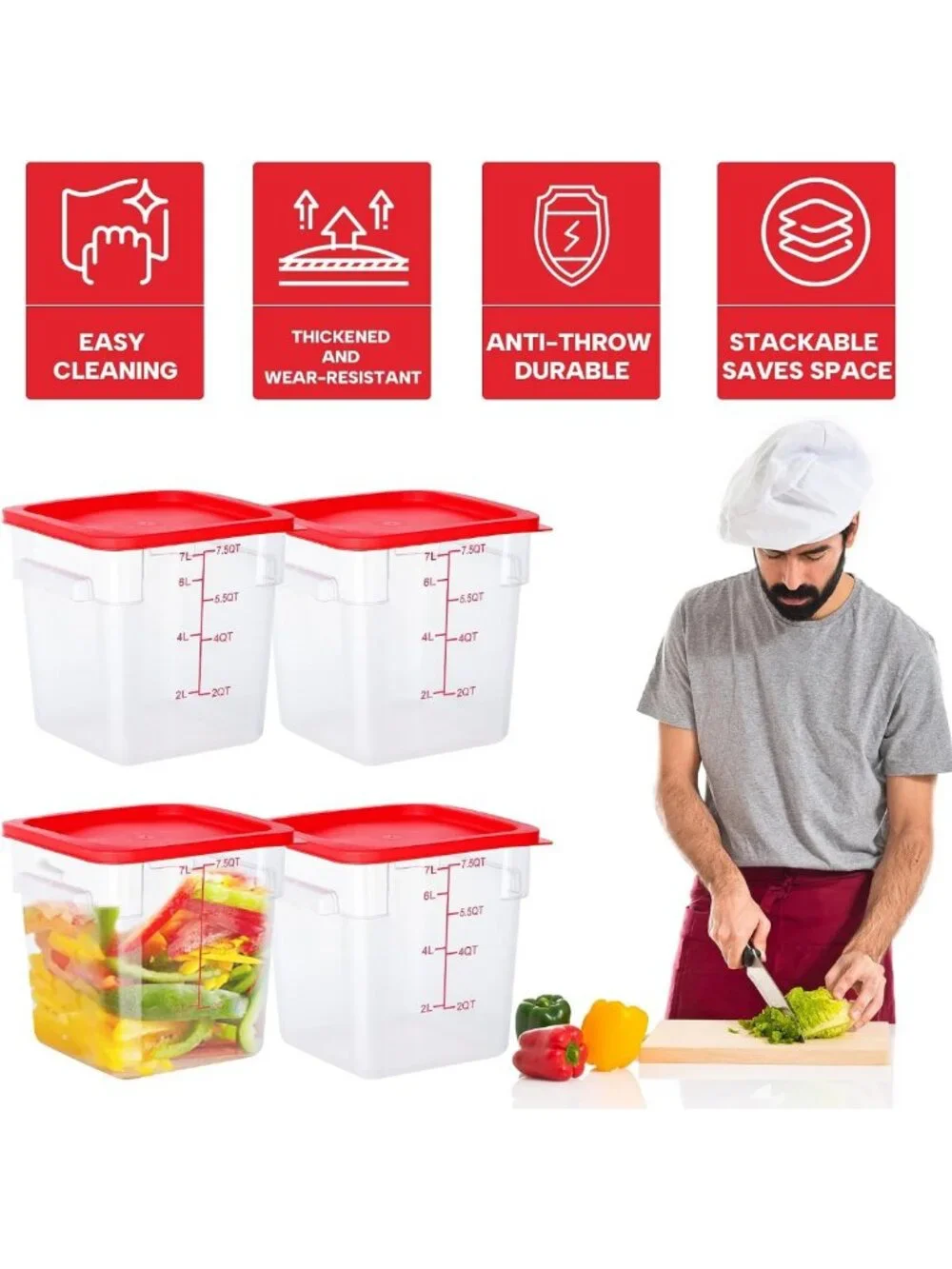 4 Pack 8 Qt Clear Square Food Storage Containers with Lids - Stackable, NSF